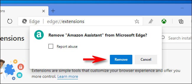 In Edge, click Remove again to confirm removing the extension.
