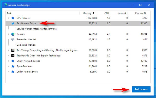 To force close a tab or process in Edge, select the tab or process and click End process.