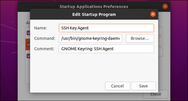 Editing a startup program on Ubuntu's GNOME desktop.