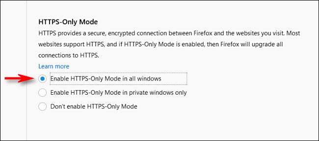 In Firefox Privacy options, select HTTPS-Only Mode in all windows.