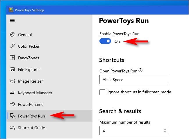 Make sure Enable PowerToys Run is switched on.