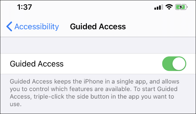 Enabling Guided Access mode on the iPhone's Settings screen.