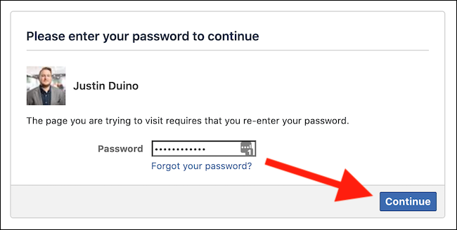 Enter your Facebook password and then click the Continue button