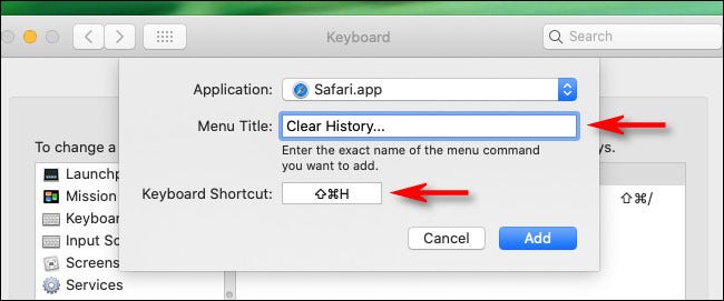 In the Menu Title box, enter Clear History... then define a keyboard shortcut combination.