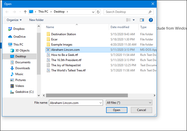 Selecting a file to exclude from Windows Defender scans in Windows Security Settings for Windows 10