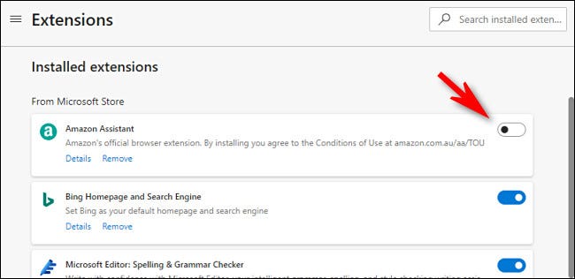 To disable an extension in Edge, click the switch beside it to turn it off.