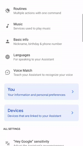A scrolling list of the settings in Google Assistant.