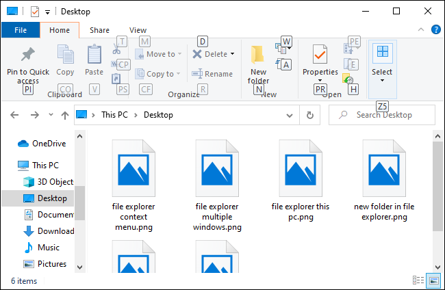File Explorer displaying keyboard shortcuts for the Home ribbon.