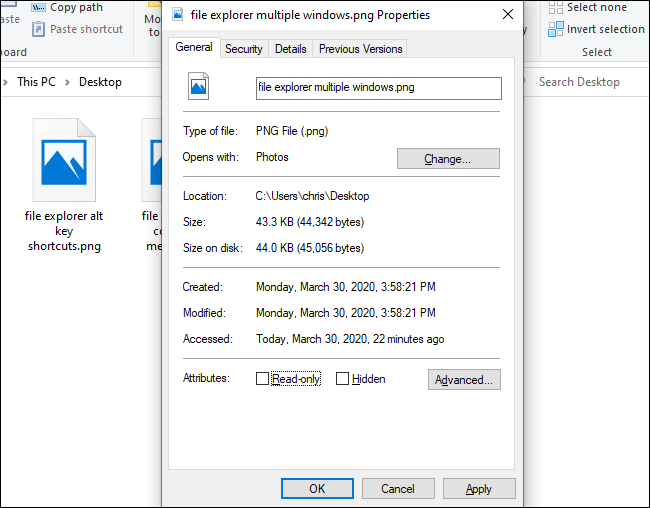 The Properties window in File Explorer.