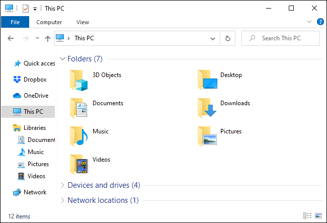 The This PC view in Windows 10's File Explorer