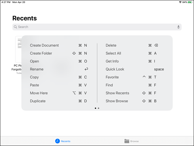 Files command keyboard shortcut pop-up on iPad