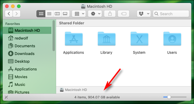 Free space displayed at the bottom of a Finder window on macOS Catalina