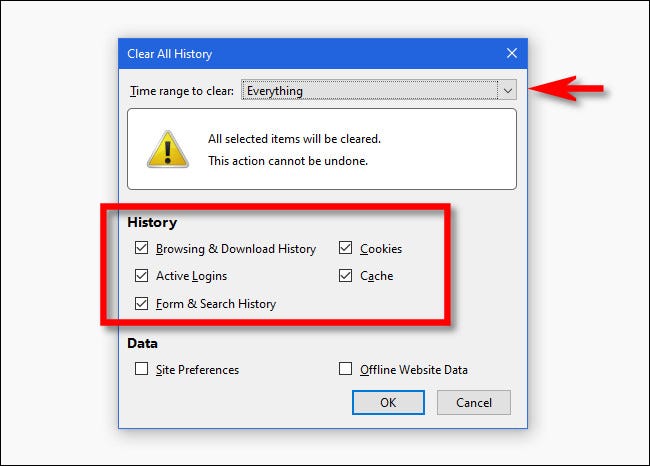 In the Firefox Clear All History window, select the options you'd like.