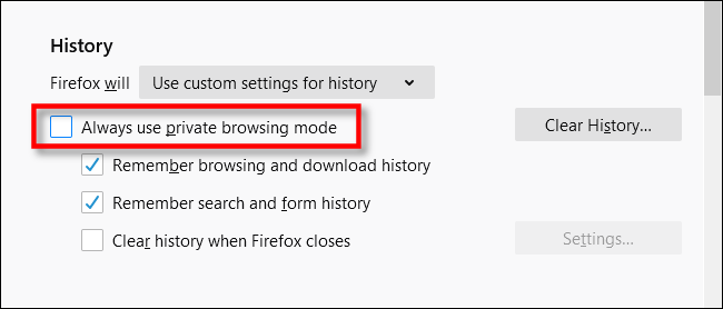 Check always use private browsing mode in Firefox
