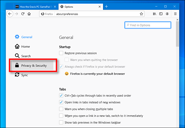 Click Privacy and Security in Firefox