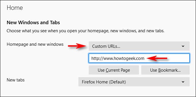 In Firefox options, enter a Custom home page URL.