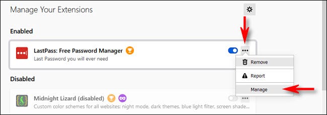 In Firefox Add-ons Manager, click the ellipses button and select Manage.