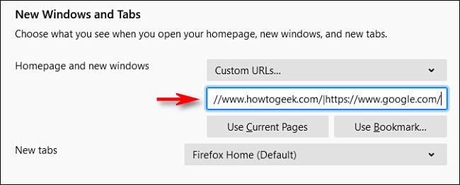 Setting multiple home page tabs in Firefox using the pipe character.