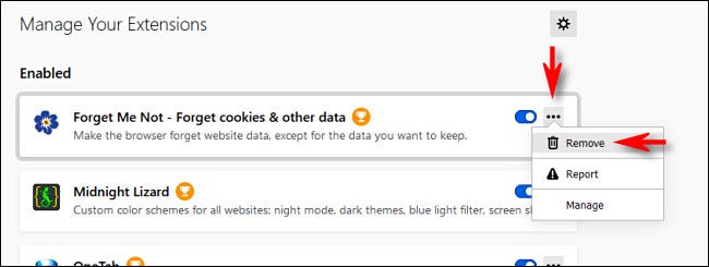 To remove an extension in Firefox, click the ellipses button and select Remove.