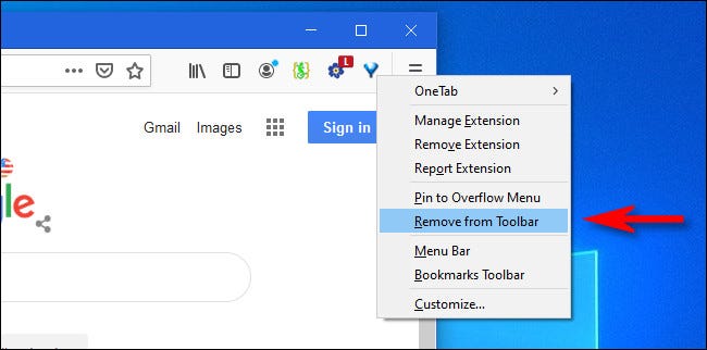 In Firefox, right-click the toolbar icon and select Remove from Toolbar.