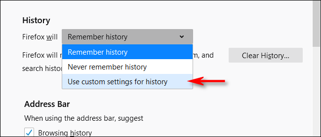 Click Use custom settings for history in Firefox