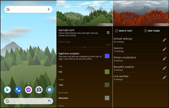 Three forest landscape wallpapers on smartphones in the Forest Live Wallpaper app.