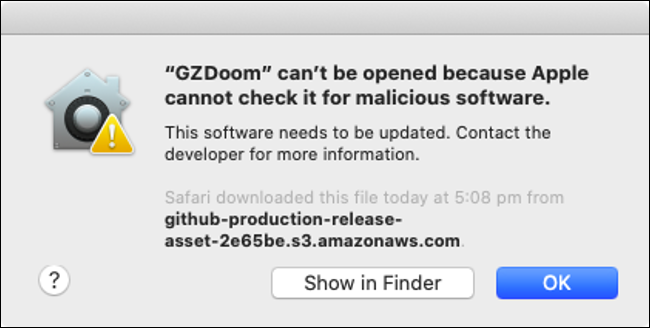 An alert that Gatekeeper blocked GZDoom.