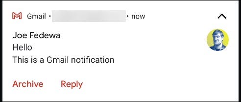 The Default options in a Gmail notification. 
