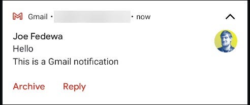 The Default options in a Gmail notification.