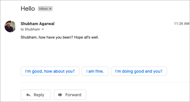 Three auto-generated smart replies in an email in Gmail.