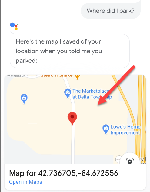 A map of a parking location in Google Assistant.