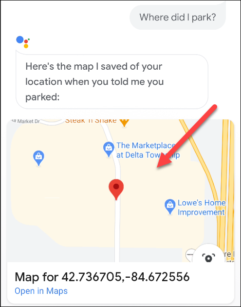 A map showing where a car is parked in Google Assistant.