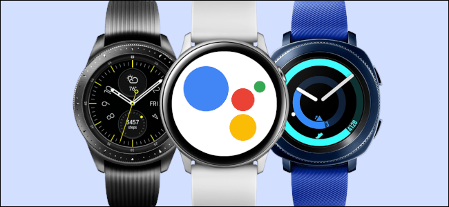 Google Assistant running on three Samsung smartwatches.