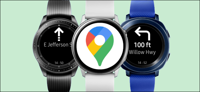 Three Samsung Galaxy smartwatches with directions from Google Maps.