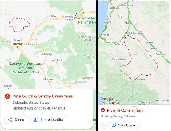 Google Maps with fire spots on Android and iPhone