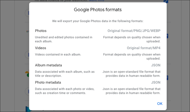 Check file formats of Google Photos data export