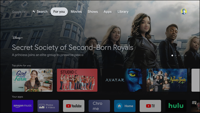 The Google TV Home screen.