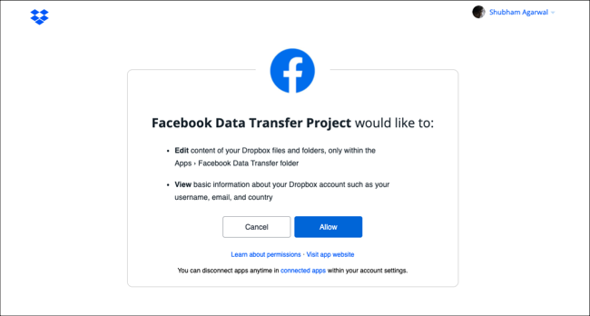 Grant Facebook access to cloud storage
