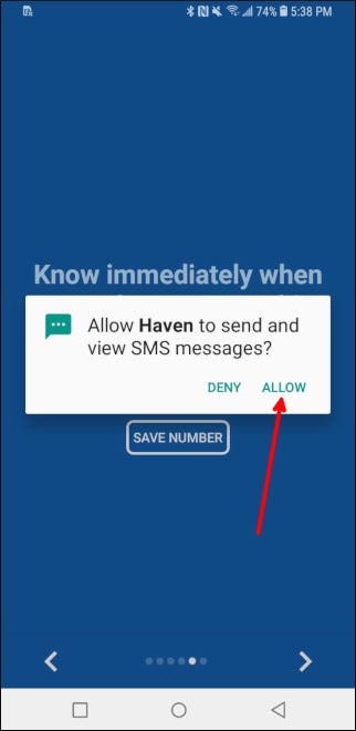 Haven SMS message permission prompt