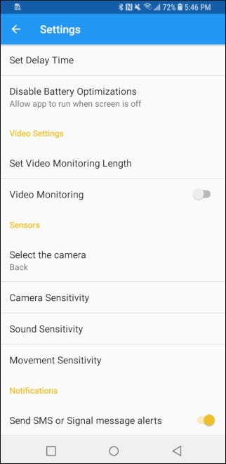 Settings page for Haven Android app