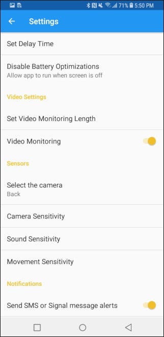 Video monitoring enabled on Haven settings page