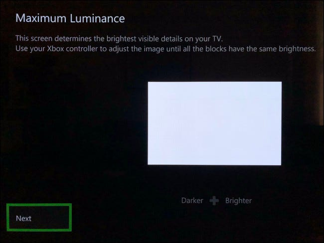 The Maximum Luminance section of the HDR Calibration for Games on Xbox Series X and S.