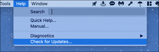 A Help menu in which Check for Updates is selected. 