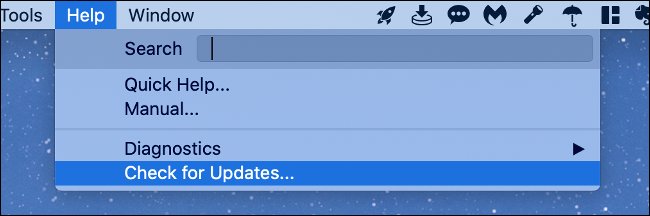 A Help menu in which Check for Updates is selected.