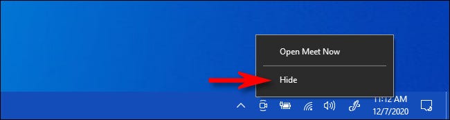 Right-click the Meet Now icon and select Hide.