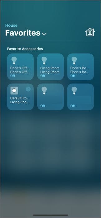 The iPhone Control Center showing favorite smart home devices.