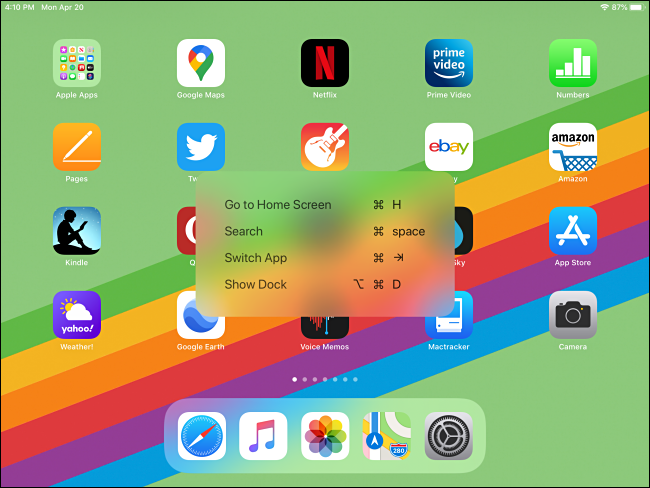 Home Screen command keyboard shortcut pop-up on iPad