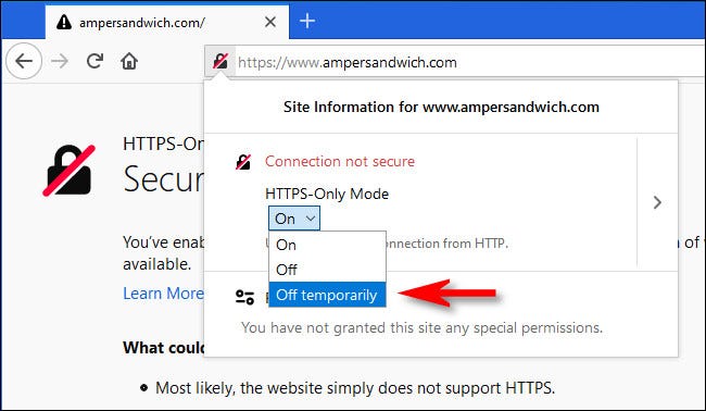 After clicking the lock icon in Firefox, select Off termporarily from the HTTPS-Only Mode drop-down menu.