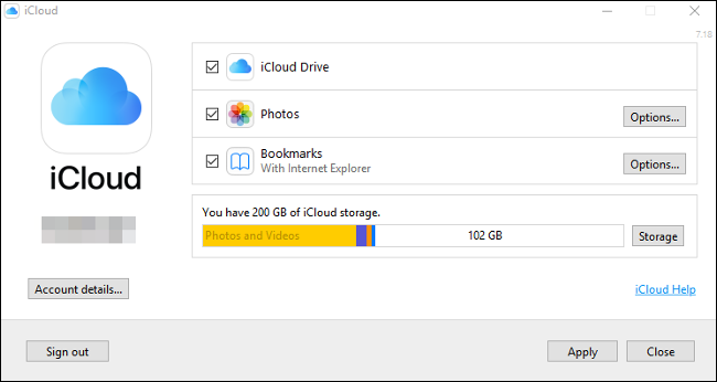 The iCloud control panel on Windows 10.