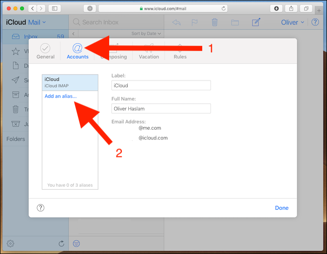 Click Accounts. Click Add an alias